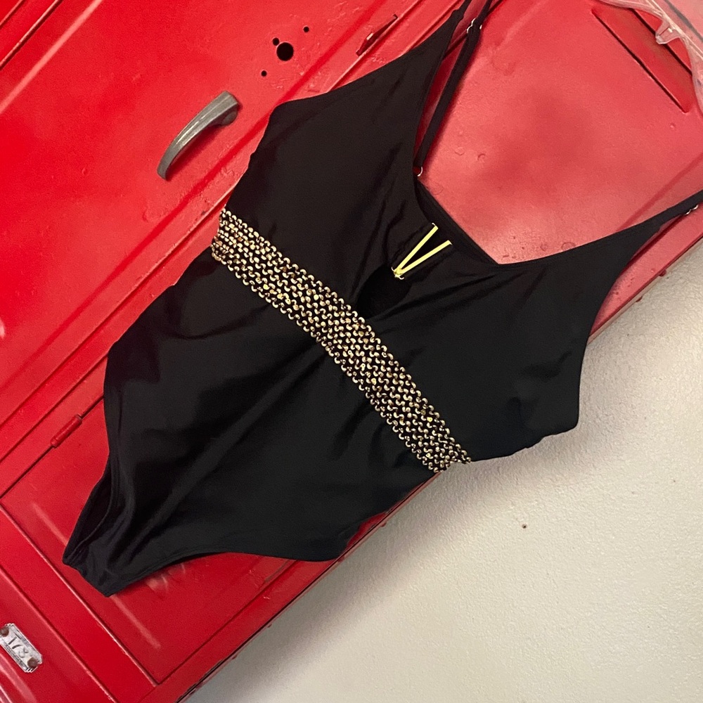 STATE Black One-Piece with Gold Chain Detail